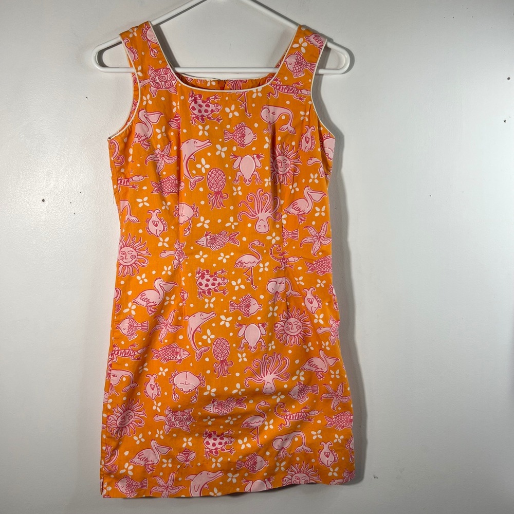 Womens Lilly Pulitzer Vintage Y2k Sea Creatures Shift Dress Orange Pink 4